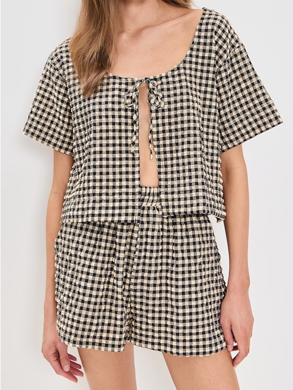 NWT VRG GRL Gingham Tie-Front Crop Top Soft Shorts Set in Black & Cream